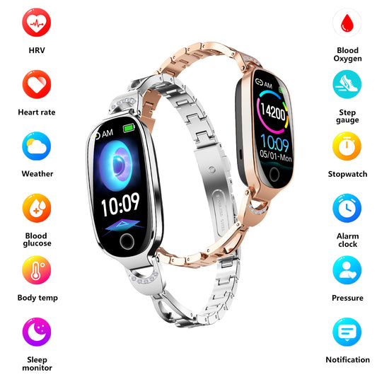 Gold Smartwatch For Women Compatible For Android& IOS,Bling Smart Bracelet With Female Menstrual Cycle Heart Rate Blood Pressure Remote Photography Waterproof Pedometer
