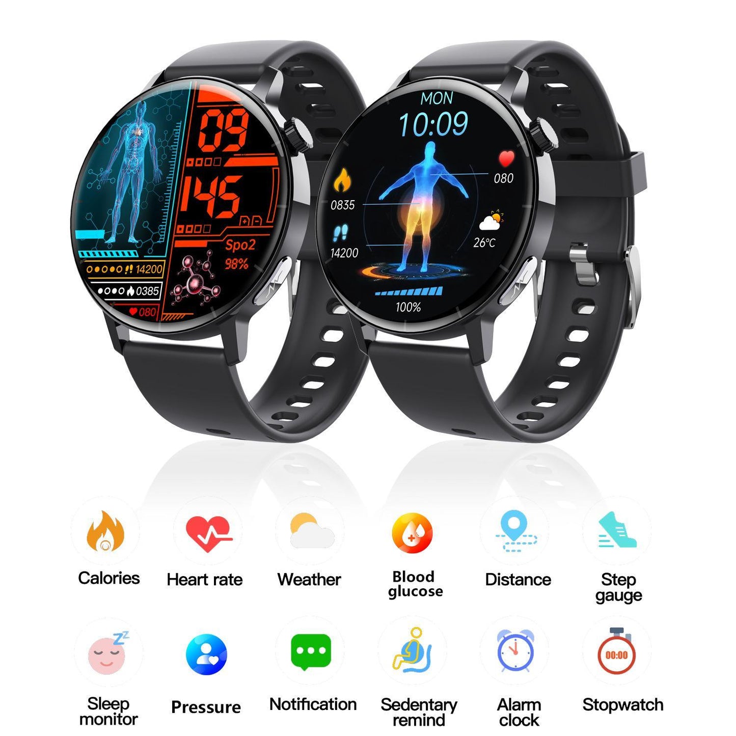 Smart Watch Non-Invasive Blood Glucose Body Temperature Blood Pressure Blood Oxygen Automatic Measurement ECG Ppg Blood Lipid Health Manager