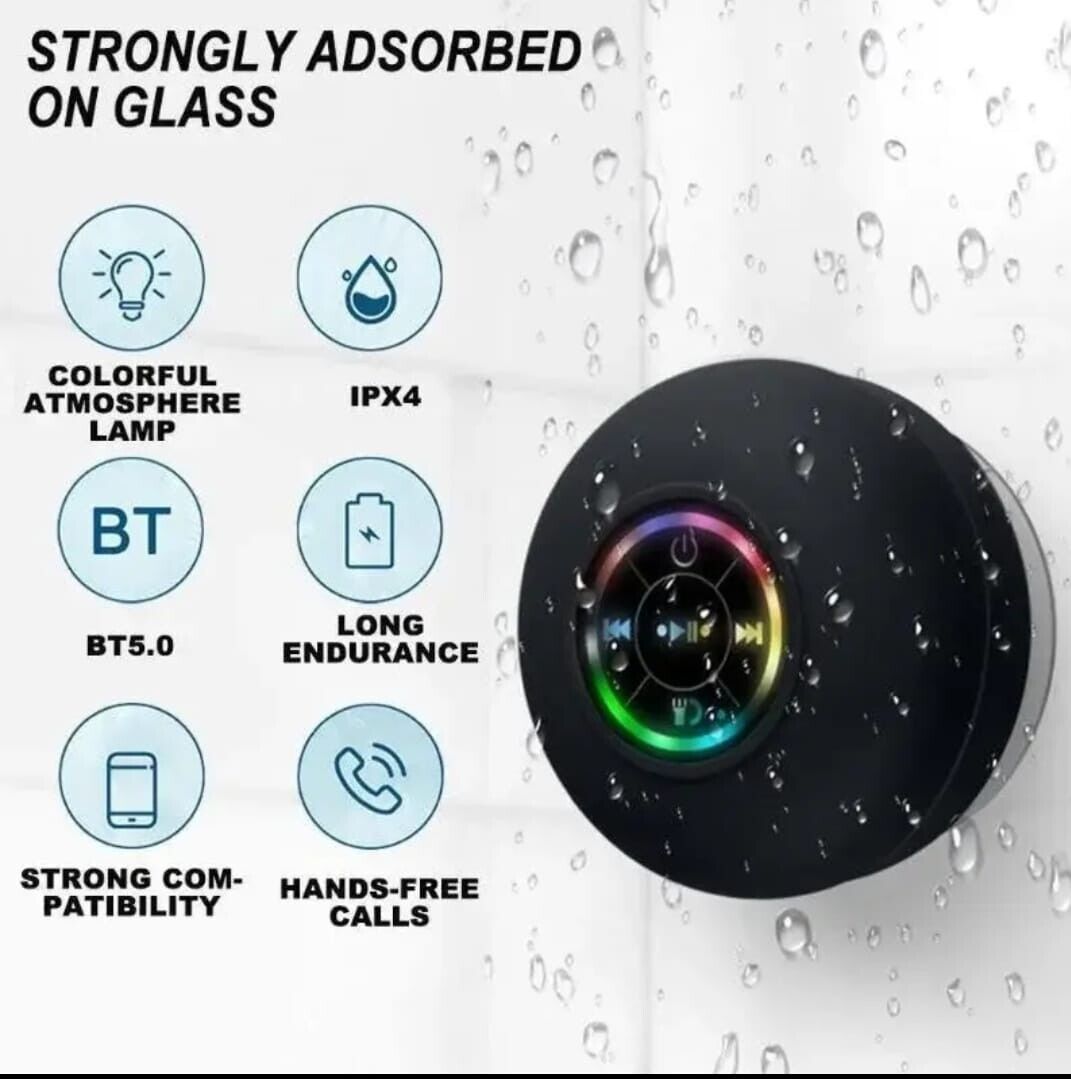 Waterproof Bluetooth Wireless Shower Speaker Bathroom Speaker LED Light Portable--white