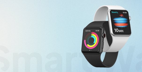 Two smartwatches with different display screens on a light blue background