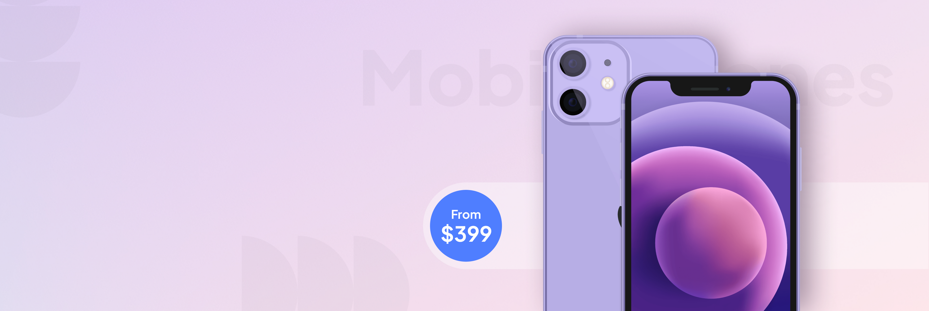 Two purple smartphones with a price tag on a gradient background