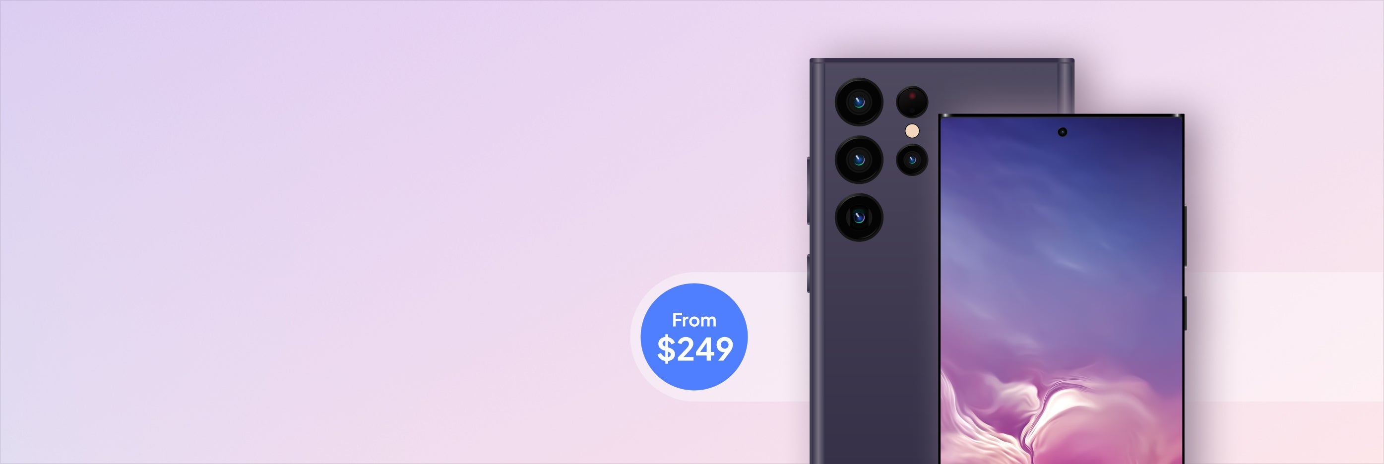 Two smartphones displayed with a price tag on a light purple background