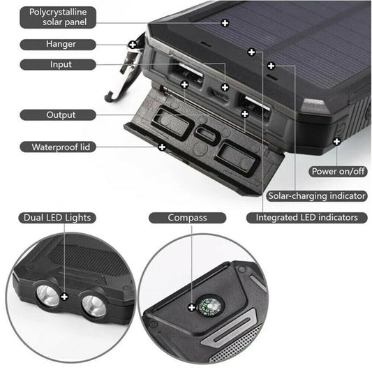 1O000000mAh Solar Power Bank Waterproof 2USB LED Battery Charger For Cell Phone