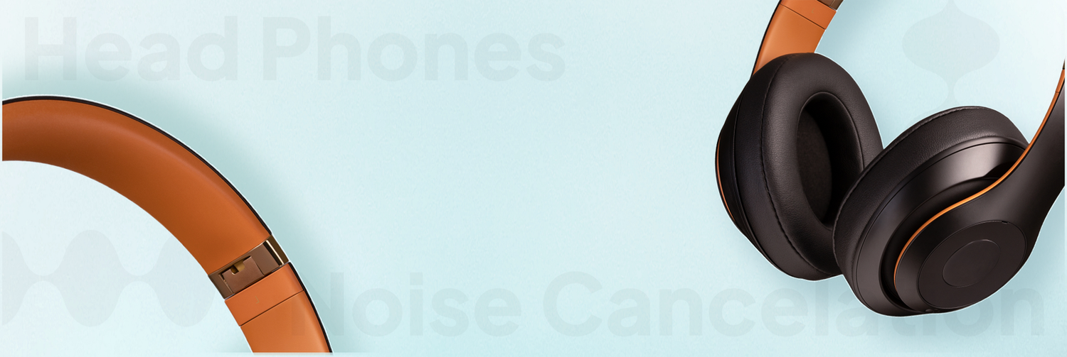 Pair of black headphones with brown accents on a light blue background