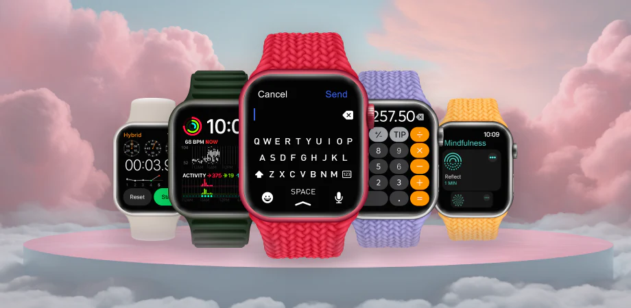 Collection of smartwatches with different colored bands on a cloud-themed background