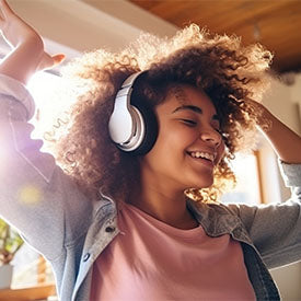 Person wearing headphones with arms raised, enjoying music